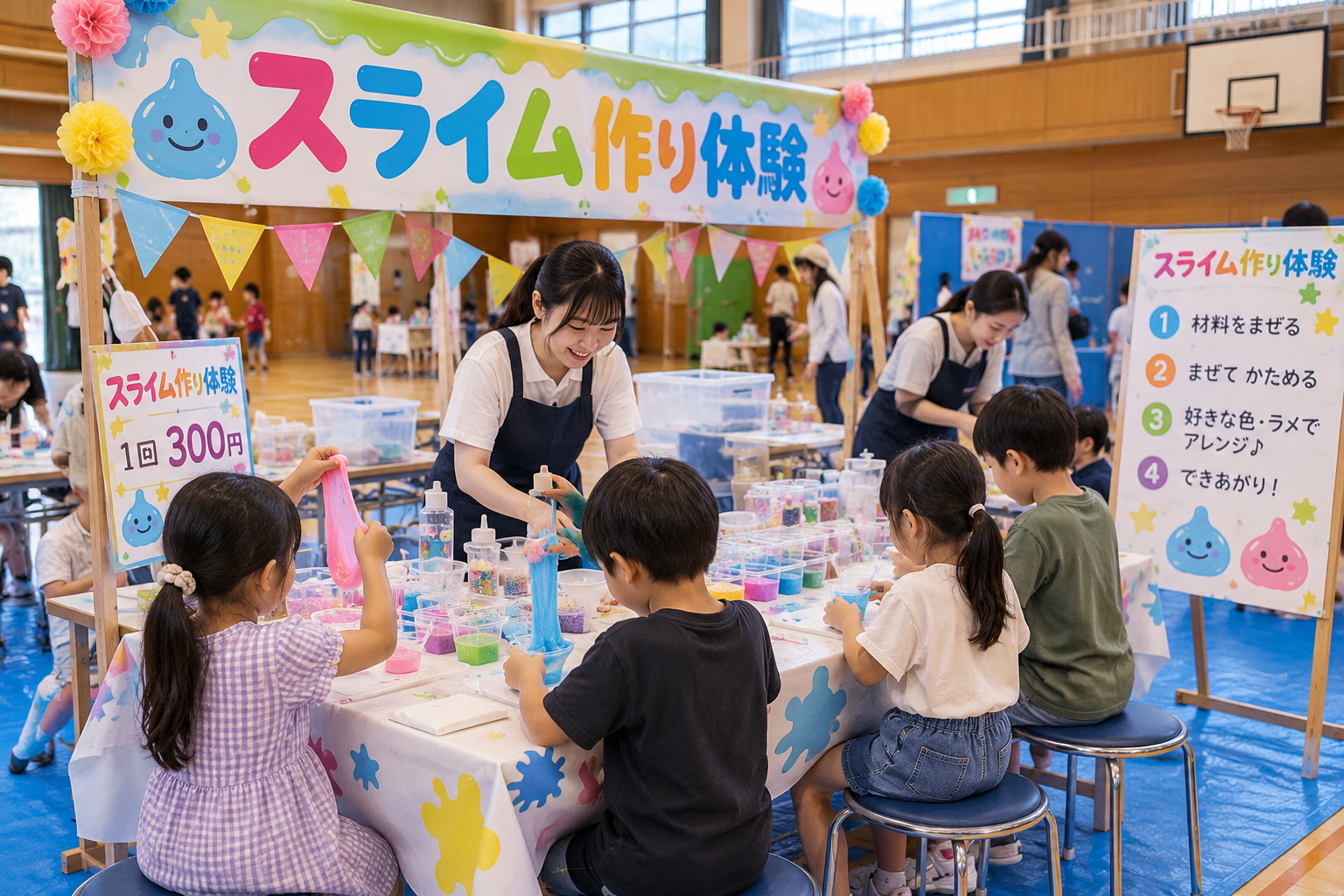 体育館の一角でスライム作りを楽しむ体験ブースのイメージ